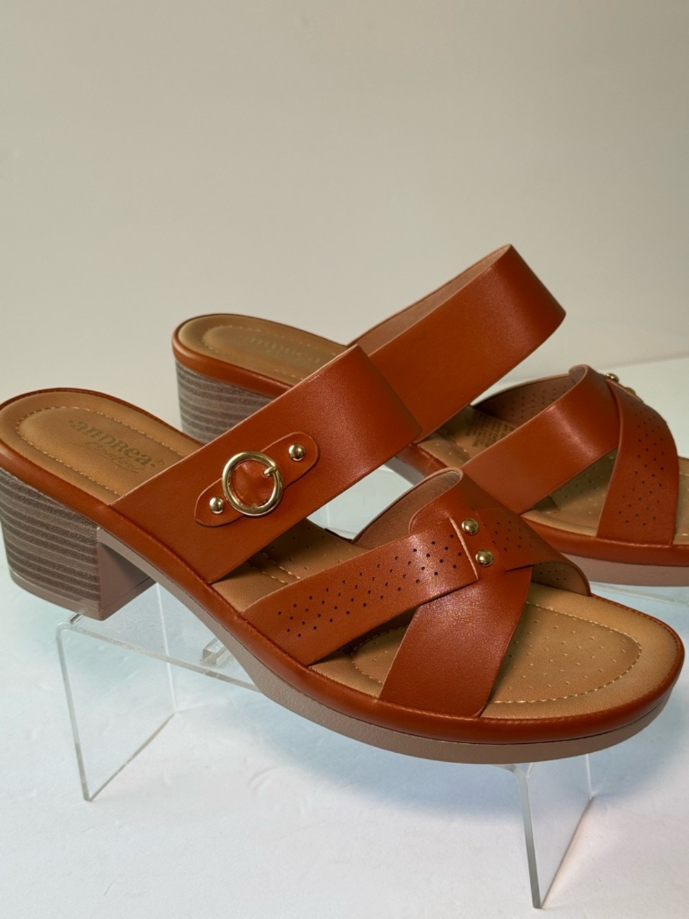 Women’s Cognac Brown Leather Block Heel Sandals
